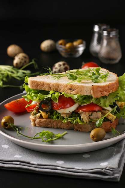 Sanduíche com frango, tomate cereja, ovos de codorna e microgreens