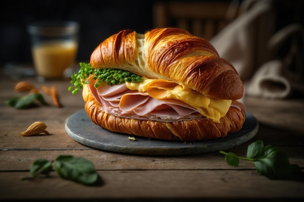 Sanduíche com presunto e queijo no pão de croissant Saboroso sanduíche de croissant gerado por IA