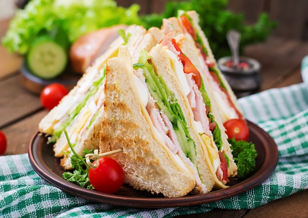 Sanduíche com queijo, pepino, tomate, presunto e ovos.