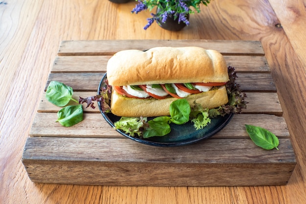 Sanduíche com queijo, tomate, pepino e alface e vegetais à parte