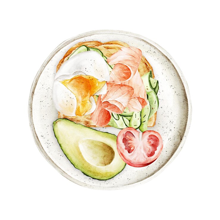Foto sanduíche de aquarela com salmão pepinos ovo escalfado e tomate de abacate fresco em um prato ilustração desenhada à mão para o menu do café da manhã livro de receitas cartaz de design de mercado cartazes