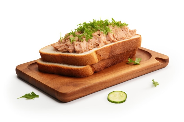 Sanduíche de atum na tábua de madeira no fundo branco