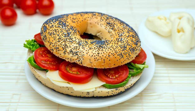 Sanduíche de bagel Tomates frescos Delícia culinária Comida saborosa Apresentação do prato Delicioso