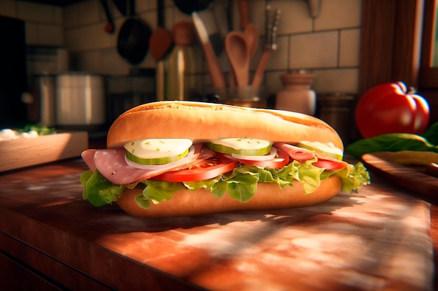Sanduíche de baguete submarino caseiro com presunto queijo bacon tomate alface pepino e cebola gerada por IA