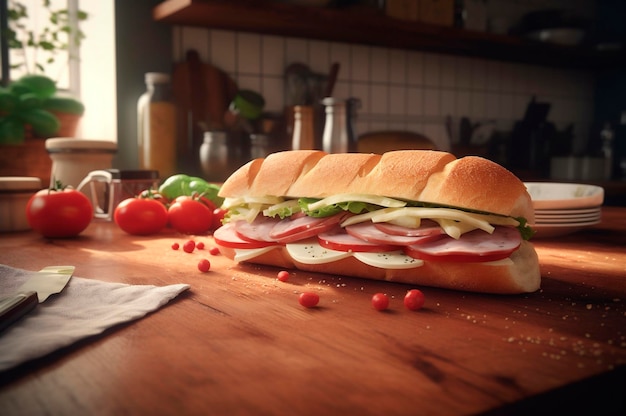 Sanduíche de baguete submarino caseiro com presunto queijo bacon tomate alface pepino e cebola gerada por IA