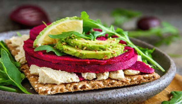 Sanduíche de beterraba Hummus Vegano Queijo de beterraba Avocado Arugula