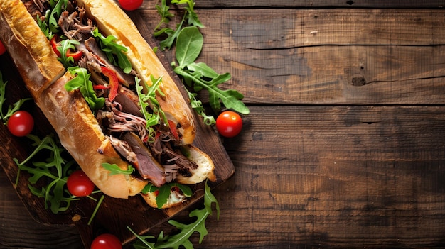 Sanduíche de carne de porco com legumes frescos e tomates em superfície de madeira rústica