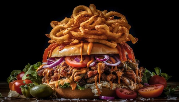 Foto sanduíche de carne grelhada com tomate, cebola e queijo derretido na ciabatta gerado por inteligência artificial