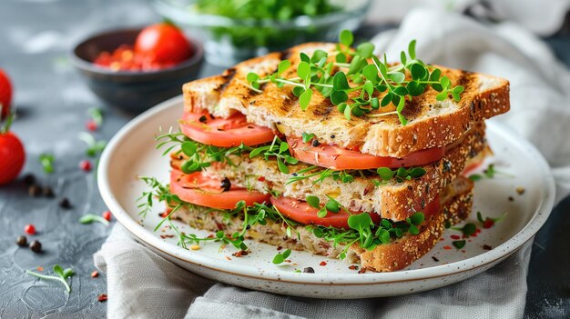 Sanduíche de comida com tomates, brotos de alface ou mocrogreen em um prato