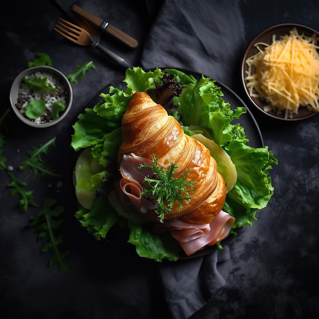 Sanduíche de croissant fresco com queijo presunto e folha de saladaVista superior Generative AI