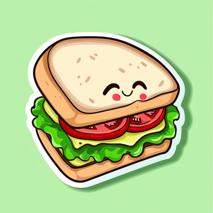 Foto sanduíche de desenho animado com um rosto sorridente e recheio de tomate