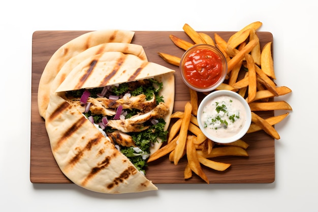 Sanduíche de frango Pita com batatas fritas e queijo feta com Lacinato Kale Tomate de cebola vermelha em pão Pita