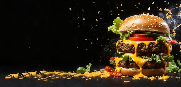 Sanduíche de hambúrguer explodindo com cebola de tomate de carne e bacon frito ai gerado