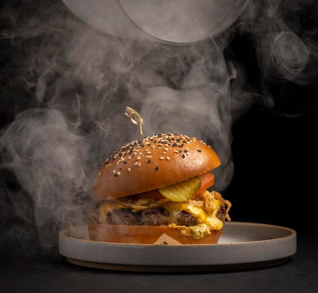 Foto sanduíche de hambúrguer quente com muito vapor ao redor em uma placa circular e fundo escuro.