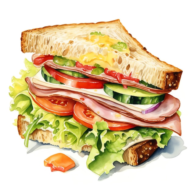 Foto sanduíche de ia gerativa com presunto e legumes frescos uma vibrante aquarela de frutas