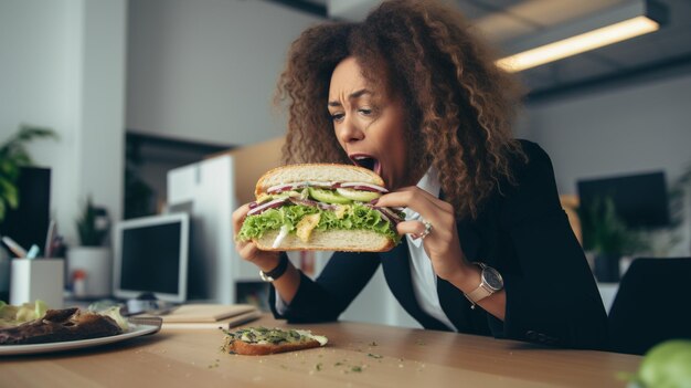 Sanduíche de malabarismo e planilhas Equilíbrio do almoço e do trabalho bem-humorado da mulher