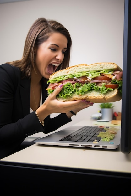 Sanduíche de malabarismo e planilhas Equilíbrio do almoço e do trabalho bem-humorado da mulher