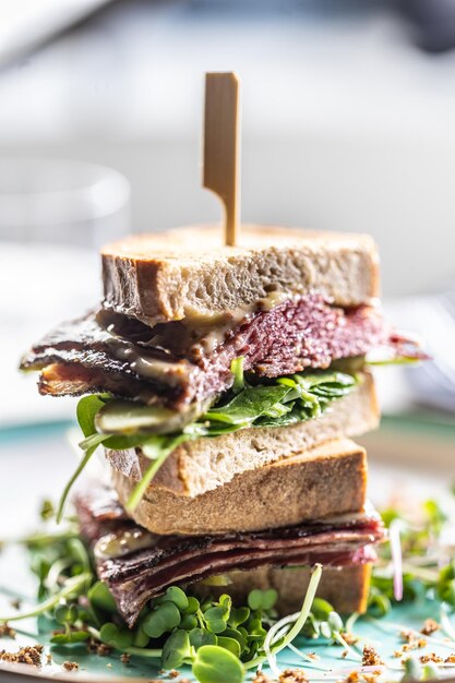 Foto sanduíche de nova iorque com molho de pastrami e ervas conceito de fast food