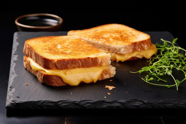 Sanduíche de queijo torrado em um prato de ardósia preto moderno