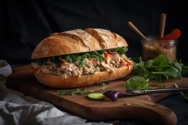 Sanduíche de salada de atum com mix de texturas crocantes e cremosas criado com ai generativa