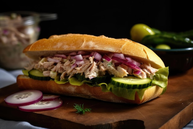 Sanduíche de salada de atum em baguete mastigável com picles e cebola roxa criada com IA generativa