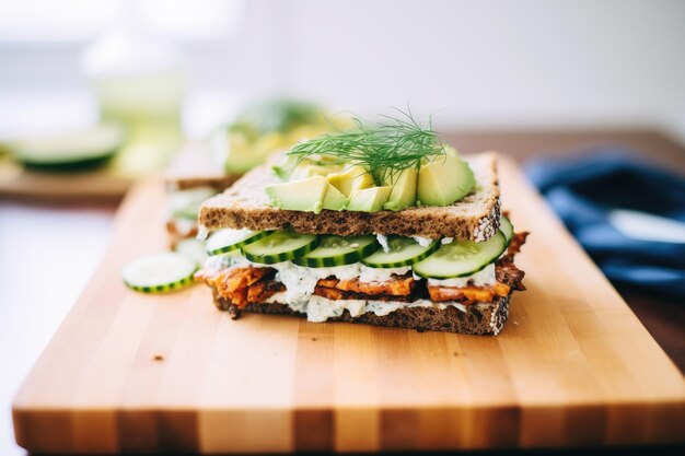 Sanduíche de tempeh grego com pepino e azeitonas tzatziki