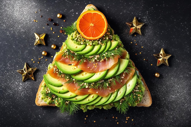 Sanduíche de torrada em forma de árvore de Natal feito de salmão, abacate, fatias de tomate e amendoim em fundo preto Decoração de mesa para o Natal