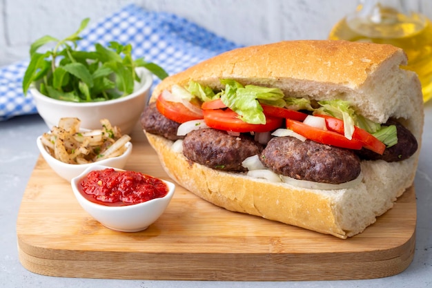 Sanduíche delicioso de almôndegas turcas Kofte Ekmek Nome turco kofte ekmek ou ekmek arasi kofte