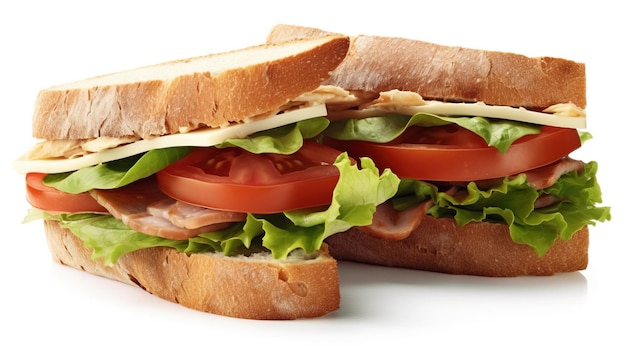Sanduíche fresco com presunto queijo tomate fast food em fundo branco isolar maquete de banner de cabeçalho