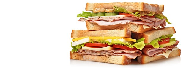 Foto sanduíche fresco com presunto, queijo, tomates, fast food em fundo branco, isolado, modelo de bandeira de cabeçalho