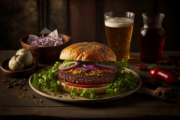 Sanduíche grande - hambúrguer com hambúrguer de carne suculenta, queijo, tomate e cebola roxa na mesa de madeira