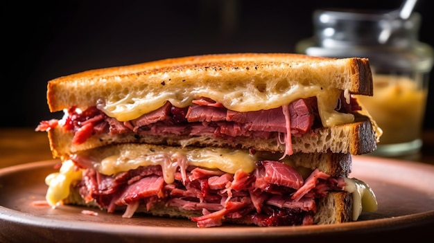 Sanduíche Reuben Um sanduíche recheado com chucrute de carne enlatada e molho russo