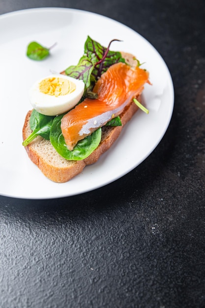 sanduíche salmão smorrebrod ovo salada verde mistura cereais pão torrada frutos do mar aberto porção fresca refeição