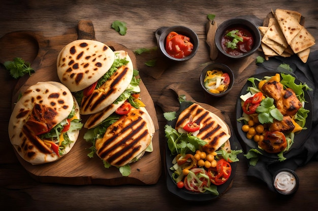 Foto sanduíche shawarma com fatias de carne dukkah, queijo e molho