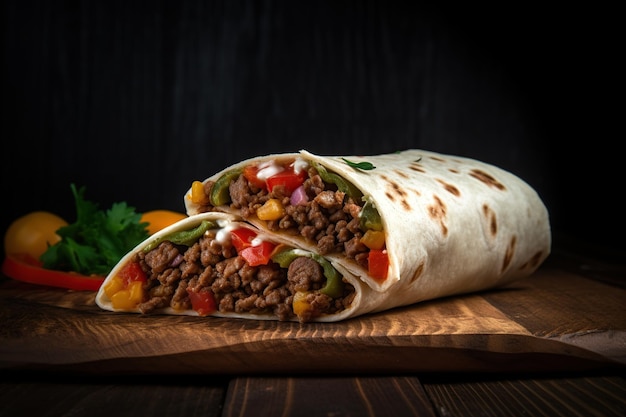 Sanduíche shawarma giroscópio pita fresco frango cordeiro ou carne shawarma petiscos orientais tradicionais em um fundo preto