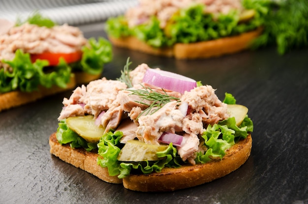 Sanduíches de atum com picles de tomate alface e cebola na ardósia