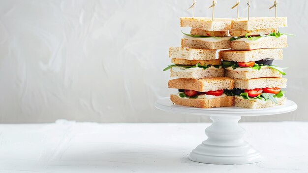 Sanduíches de chá feitos convencionalmente sobre um pedestal branco para o chá da tarde sobre um cenário branco deliciosos vegetais vívidos e espaço IA generativa