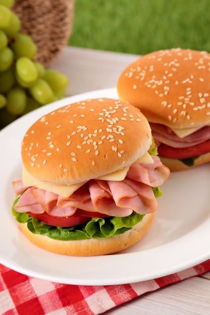 Sanduíches de pães de presunto e queijo de piquenique