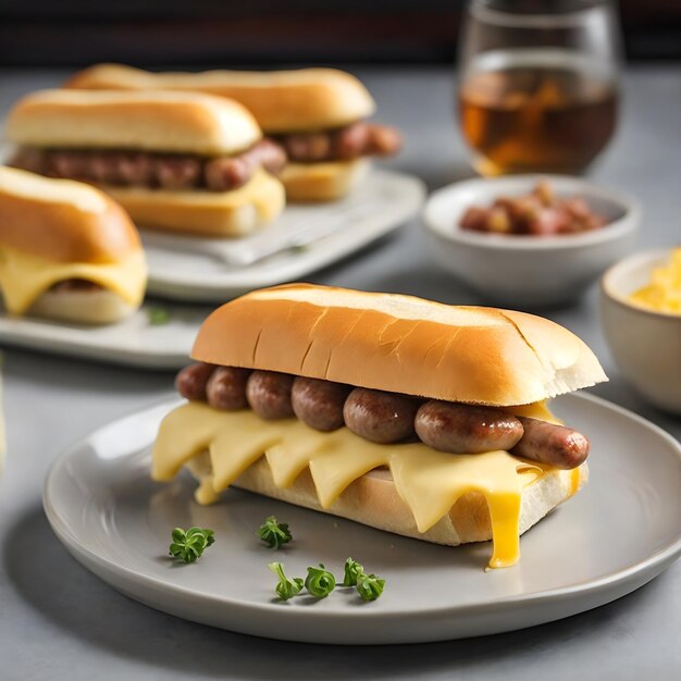 Sanduíches de salsicha e queijo em um prato