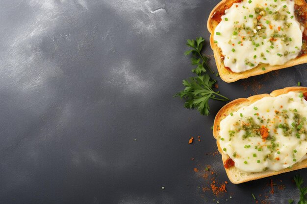 Sanduíches de torrada com queijo na vista superior da mesa Espaço de texto disponível