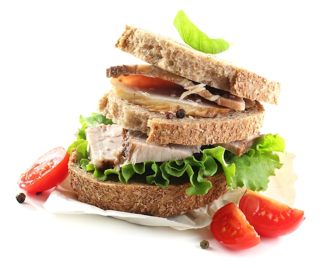Foto sanduíches deliciosos com carne isolada no branco