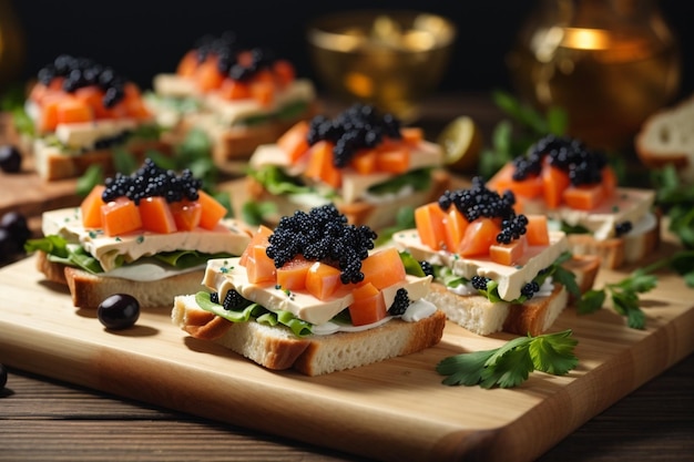 Sanduíches frescos adornados com caviar em tábuas de madeira