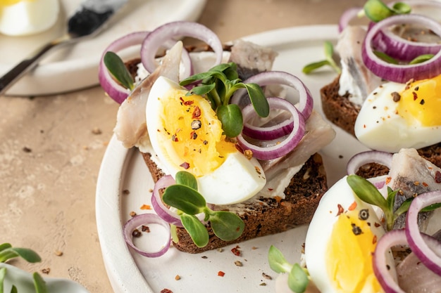 Foto sanduíches smorrebrod com filé de arenque pão de centeio cream cheese fatias de ovo cozido anéis de cebola e microgreens em prato branco estilo rústico close-up