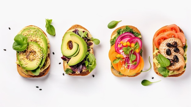 Sanduíches veganos com legumes abacate peixe tomate e microgreens em um fundo branco