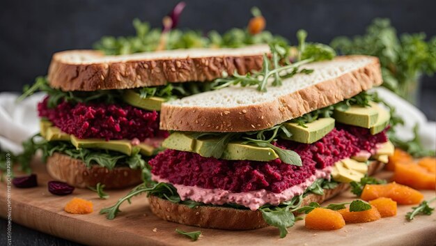 Foto sanduíches veganos reais com hummus de beterraba e sanduíche foto de fundo