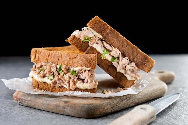 Sándwich de atún con mayonesa y verduras sobre fondo de piedra gris