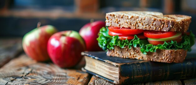 Foto sandwich auf dem buch mit äpfeln