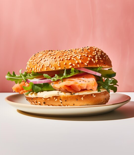 sándwich de bagel con salmón en el fondo rosa