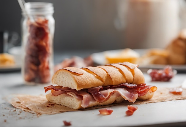 Sándwich de baguette francés con jamón de jamón y tocino