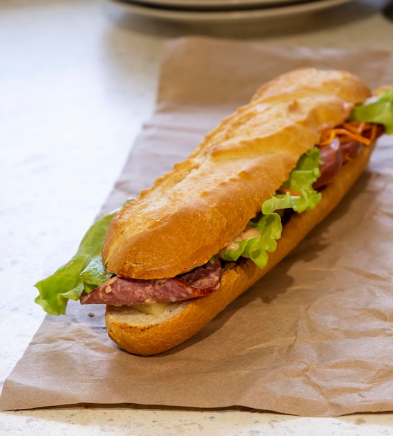 Sándwich de baguette grande con salami, lechuga, queso y salsa Enfoque selectivo